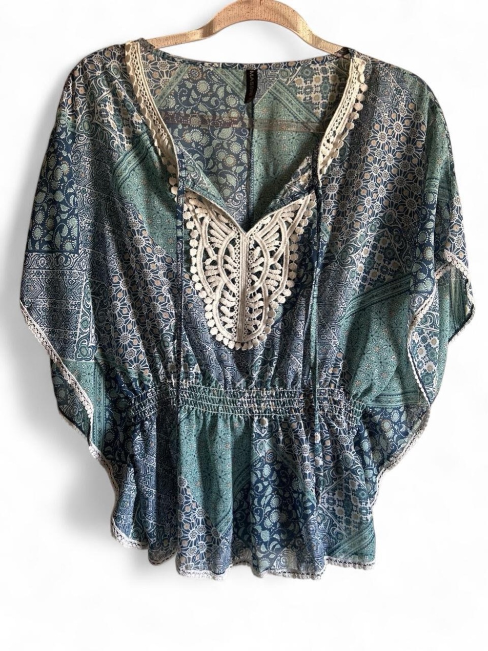 Massini Green & Blue Crochet-Trim Peasant Tunic size M